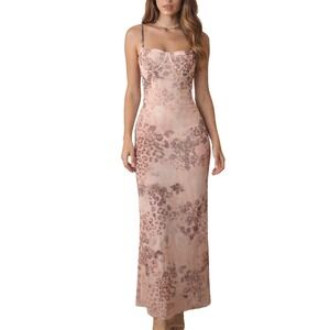 Y2K Corset Maxi Dress Medium Lace Up Mesh Pink Leopard Floral Coquette Romantic